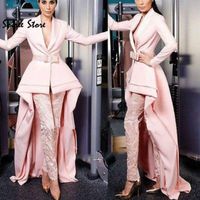 Party Dresses Chic Pink Jumpsuit Prom Sexy V Neck Overskirt Satin Long Sleeves Evening Dress Modern Dubai Formal Pant GownsParty