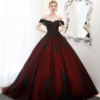 Gothic Black And Red Wedding Dress Lace Applique Beaded Vintage A-Line Bridal Gowns Off The Shoulder V-Neck Bride Dresses Long Plu2721