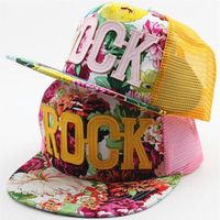 2017 New Fashion Retro Flower Print ROCK Letter Baseball Cap Kids Summer Mesh Snapback Caps Boys Girls Hip Hop Hat237w