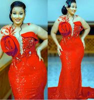 2022 Plus Size Arabic Aso Ebi Red Sparkly Mermaid Prom Dress...
