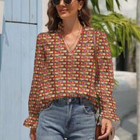 Women's Blouses & Shirts Beads Print Chiffon Blouse V Neck Pink Brights Pattern Aesthetic Spring Puff Sleeve Street Style Lady Graphic TopWo