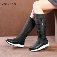 MNIXUAN Handmade warm winter snow boots women shoes knee high boots 2020new genuine leather down waterproof platform wedges boot246c