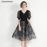 Casual Dresses Sequined Embroidered Mesh A-Line Dress Elastic Top Bust Waist Short Sleeve Wedding Guest Luxury Evening 2022Casual