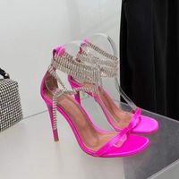 Rose red satin high- heeled sandals crystal- encrusted strap s...