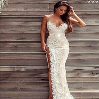 Sexy High Slit Lace Wedding Dresses With Spaghetti Straps White Lace Applique Champagne Satin Sheath Beach Backless bridal Gown Ch209j