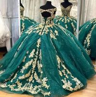 2022 Hunter Green Princess Plus Size Quinceanera Dresses Off Shoulder Ball Gown Sweet 16 Dress Gold Lace vestidos de 15 anos B0630