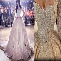 2020 Plus Size Arabic Aso Ebi Luxurious Crystals Pearls Beaded Wedding Dresses Long Sleeves Bridal Dresses Sparkly Wedding Gowns Z174d