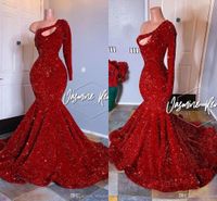 2022 Red One Shoulder Sequins Mermaid Long Prom Klänningar Långärmad Ruched Evening Gown Plus Storlek Formell Party Wear Grows BC3613 0328