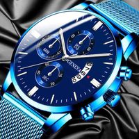 Reloj analgico de cuarzo con correa malla acero inoxydable para hombre crongrafo calendario negocios une couleur azul 0214