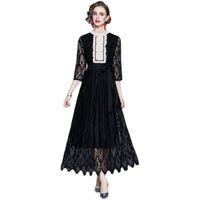 Casual Dresses Summer Runway Ruffle Flower Embroidery Black Lace Dress Party Women White Collar Double Breasted Bow Belt Long DressesCasual