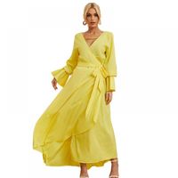 Vestidos casuais amarelo para mulheres 2022 linda manga longa vestido sem encosto mulher elegante senhoras verão floral