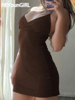 Vintage Brown Women Bodycon Dress Sexy V Neck Sleeveless Party Mini Dresses Solid Basic Backless Streetwear Outfits