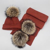 2020 women Pom Pom Beanie Warm Knitted Fur Pompom Hat and Scarf Set lady Real Raccoon Fur girls Winter Hat Skullies269d