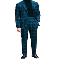 Trajes para hombres Blazers Piece est Men Blue Plaid Cotton British British de alta calidad Boda de boda formal Fit Lapelle Coat Pantmen's