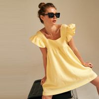 Casual Dresses Sweet Butterfly Sleeve Mini Dress Bright Yellow Square Collar A-Line Loose Street Wear Beach Boho Party 2022 Summer