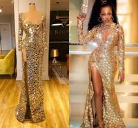 Gold Sexy Mermaid Evening Dresses 2022 long sleeve High Spli...