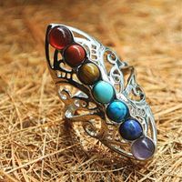 Anéis de cluster banhado 7 Chakra Healing Hollow Thumb Reiki Stones naturais para mulheres Boho JewelryCluster