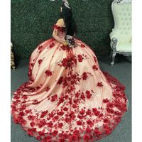 Dark Red princess Quinceanera Dresses 3D Flowers Beads Lace-...