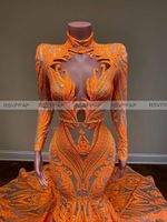 Party Dresses Sparkly Orange Long Prom 2022 High Neck Sleeve Sexy African Women Black Girls Mermaid Sequin GownsParty