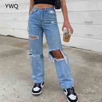 Tangada Kadınlar Yırtık Kot Streetwear Kadın Yüksek Bel Baggy Düz Bacak Pantolon Rahat Katı Delik Erkek Arkadaşı Denim Pantolon 6501 G220415