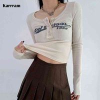 Карррам винтажные буквы печати урожающие топы гранж ребристые футболки сексуальные стройная рубашка с длинным рукавом женская корейская уличная одежда моды