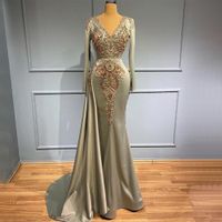 Muslim Mermaid sage Green Overskirt Evening Dresses Gowns 2022 Luxury Elegant Beaded Satin For Women Party Occasion Prom Dress