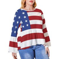 여자 플러스 사이즈 티셔츠 미국 미국 깃발 애국적 별 줄무늬 캐주얼 긴 소매 티셔츠 인쇄 귀여운 티 셔츠 여자 가을 상판 크기