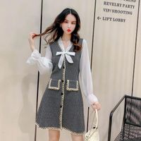 Lässige Kleider 2022 Hochwertige Vintage Patchwork Tweed Strick Mini Frauen Bogen Single Breace Langarm Robe Koreanische Fall Vestidos