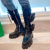 Botas de couro genuíno de calça média Bolsa de nylon bolsa alta plataforma de bota de combate cunhas zíper de ponta dos pés saltos de calcanhar de toe sh279n