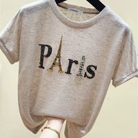 Ins Short Sleeve Paris Eiffel Tower Beaded Tshirt Summer Women Shinny Cotton O Necks Loose Casual Girls Tops Tees T13115X 220408