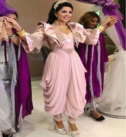 Pale Pink karakou Evening Dress Indian Pant Suit arabic jumpsuit 2022 Chiffon Lace Albanian Turkey Prom Dresses with jacket