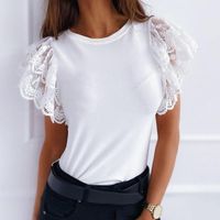 Women's Blouses & Shirts Summer Women Hollow Out Stitching T-Shirt Casual O-Neck Ruffle Short Sleeve Top Elegant White Black 2022 Women'