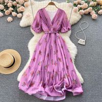Casual Dresses Summer Elegant Pleated Dress Women Clothing Vintage Lilac With Belt Chiffon Floral V-Neck A-Line Vestidos Female RobeCasual