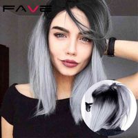 Hair Synthetic Wigs Cosplay Fave Ombre Straight Bob Black Grey Synthetic Wig Shoulder Length Middle Part Heat Resistant Fiber Cosplay Party Hair for Women