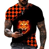 Camisetas para hombres Alime Cartoon Animal Head Flame Tiger Tiger 3D Printing and Women's Lycra Polyester Top de verano de gran tamaño