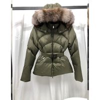 새로운 패션 여성 하향 재킷 자르기 여우 모피 넥타이 모자 다운 코트 벨트 슬림 한 인기있는 복구 재킷 야외 따뜻한 편안한 허리 옷 그린 S-XL 파파