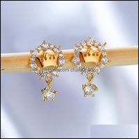 Dangle Chandelier Earrings Jewelry Luxury Crown Round Stone Wedding Vintage Female White Crystal Rose Gold Sier Color Stud For Women Drop