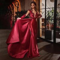 Party Dresses Elegant V-neck Burgundy Lace Applique Satin Women's Dress Evening Mermaid Long Sleeve Illusion Prom Formal PartyParty