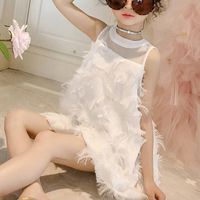Summer Girls Dress Princess Style Back Bow Feather Chiffon Mesh Teens för 5 7 9 11 13 år stora barn kläder 220427