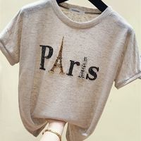 Ins Short Sleeve Paris Eiffel Tower Beaded Tshirt Summer Women Shinny Cotton O Necks Loose Casual Girls Tops Tees T13115X 220422