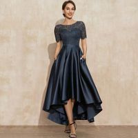 Party Dresses Elegant Navy Blue Satin Prom 2022 O-Neck Lace Short Sleeve Asymmetrical Sexy Gowns Vestidos Largos With Pocket