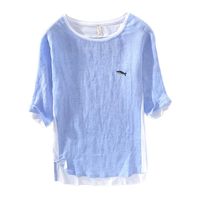 Men's T-Shirts Summer Cotton Linen Patchwork T Shirt For Men Chest Little Whale Embroidery Fashion Short Sleeve Tshirt Loose Tee&Tops