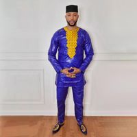 Abbigliamento etnico HD African African African Per uomo Top Pant 2 pezzi Set di abbigliamento ricco Ricamo con pantalone ricco Bazin Originaletnic
