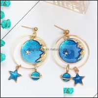 Studörhängen smycken mode japanska och koreanska stjärna Moon Asymmetric Blue Sky Fantasy Cosmos Round Double-Side Women 2021 Drop Delivery XF