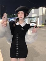 Casual Dresses designer 22 early spring new college style bubble sleeve small black skirt with contrast hook and button design dress shows thin spicy girl ZWS8