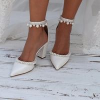 White Silk Satin Wedding Shoes Pointed Toe Elegant Pearls Sp...