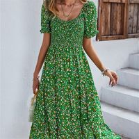 İlkbahar yaz uzun basılı elbise kadınlar rahat bohem kısa kollu yüksek bel flroal elbiseler için bayanlar Leisure 220526