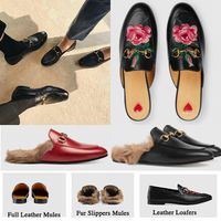 Yeni Katırlar Princetown Erkekler Kadın Kürk Terlik Katır Flats Hakiki Deri Tasarımcı Moda Metal Zincir Bayanlar Rahat Ayakkabılar ABD 5-12 NO14