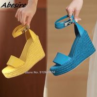 Sandals Abesire Ankle Buckle Wedges Weave Brown Blue Yellow High Heel For Women Sexy Platform Shoes On Heels Black WhiteSandalsSandalsSandal