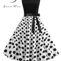Siyah Beyaz Patchwork Polka Dot Yaz Elbisesi Kadınlar Vintage 50s 60s Pin Up Rockabilly Robe Party Office ES 220526